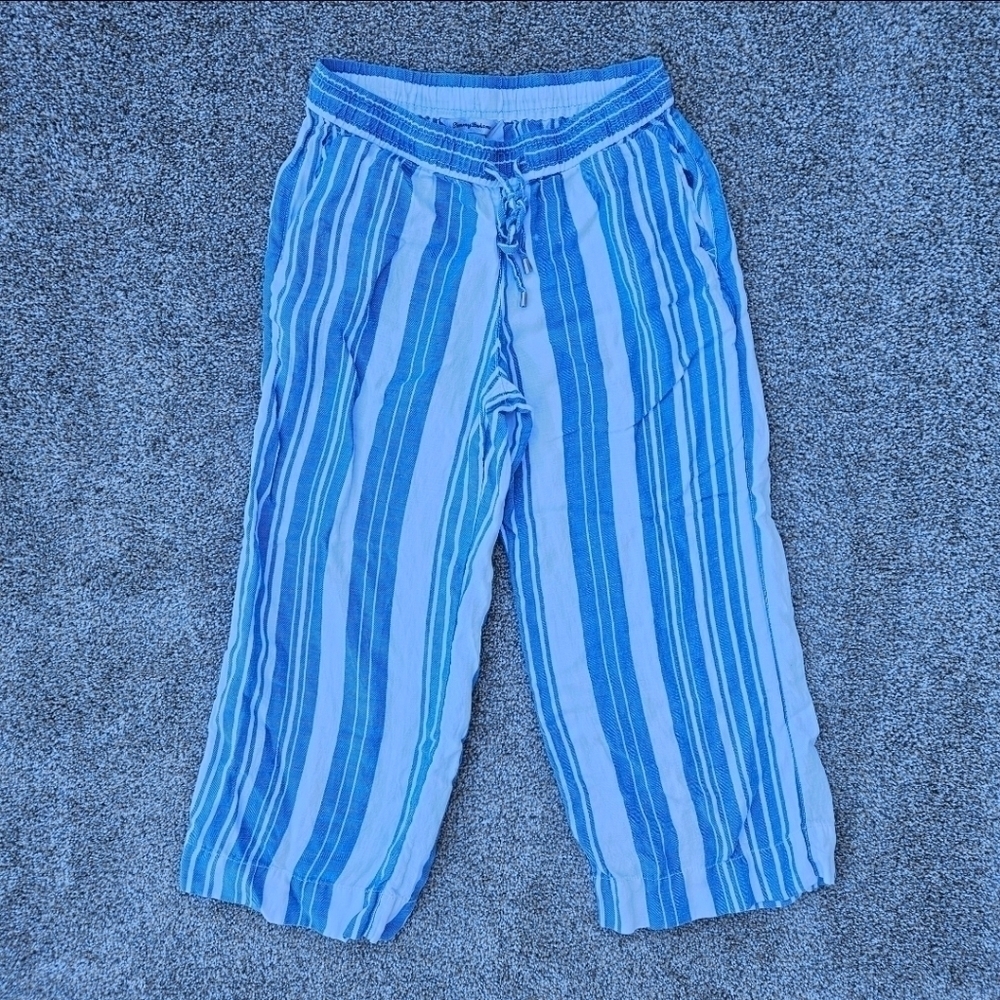 Tommy Bahama Linen Wide Leg Lounge Beach Pants White Blue Striped Women's XS